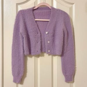 Y2K purple fuzzy cropped cardigan
